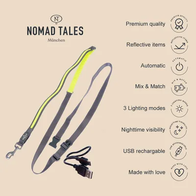 Nomad Tales München. Hundeleine mit reflektierenden Elementen, 3 Beleuchtungsmodi, USB wiederaufladbar, automatische Funktionen, Mix & Match, Sichtbarkeit bei Nacht, Premiumqualität.