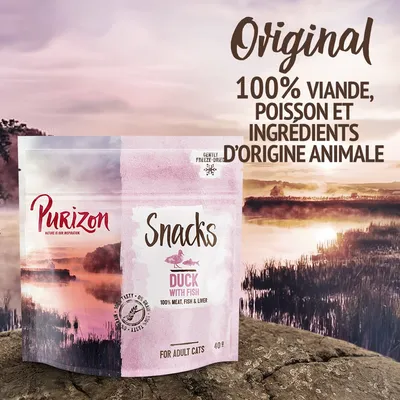 Purizon Snacks Duck with Fish pour chats adultes, 40 g. Texte visible : Original, 100% viande, poisson et ingrédients d’origine animale, gently freeze-dried, 100% meat, fish & liver.