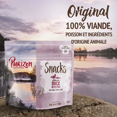 Purizon Snacks Duck with Fish, 100 g. Texte visible : Original, 100% viande, poisson et ingrédients d’origine animale, gently freeze-dried, for adult dogs.