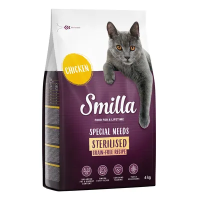 Smilla Special Needs Sterilised Grain-Free recept s kuracím mäsom, vyvážený obsah tuku a energie, omega mastné kyseliny, taurín, Yucca Schidigera. Na obale je sivá mačka. 4 kg.