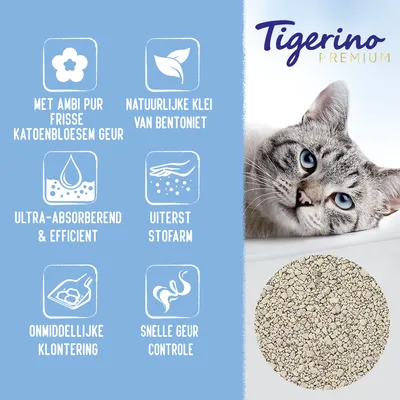 Tigerino Premium kattenbakvulling. Met Ambi Pur frisse katoenbloesem geur, natuurlijke klei van bentoniet, ultra-absorberend & efficiënt, uiterst stofarm, onmiddellijke klontering, snelle geurcontrole.