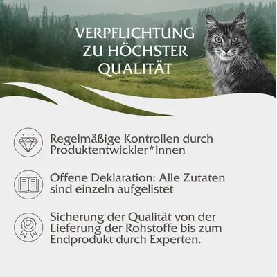 Verpflichtung zu höchster Qualität: Regelmäßige Kontrollen, offene Deklaration aller Zutaten, Qualitätssicherung von Rohstoffen bis Endprodukt durch Expertenteam.