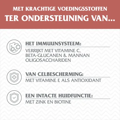 Met krachtige voedingsstoffen ter ondersteuning van het immuunsysteem, verrijkt met vitamine C, beta-glucanen en mannan-oligosacchariden; celbescherming met vitamine E; huidfunctie met zink en biotine.