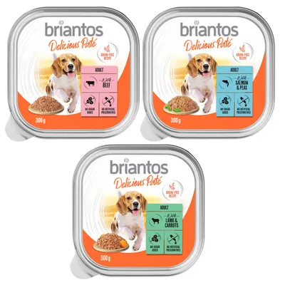 Briantos Delicious Paté 300 g pour chien adulte, recettes sans céréales : bœuf, saumon & pois, agneau & carottes. Sans sucre ajouté ni conservateurs artificiels. Trois barquettes visibles.