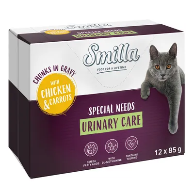 Smilla Special Needs Urinary Care, хапки в сос с пиле и моркови, 12 x 85 г. Съдържа омега мастни киселини, DL-метионин и таурин.