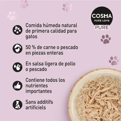 COSMA PURE LOVE PURE. Comida húmeda natural para gatos: 50 % carne o pescado en piezas enteras, en salsa ligera de pollo o pescado, contiene nutrientes importantes, sin aditivos artificiales.