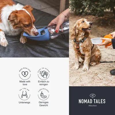 Nomad Tales München. Hordozható kutya itatópalack, könnyű, könnyen tisztítható, útközben használható. Két kutya iszik hordozható itatópalackból.