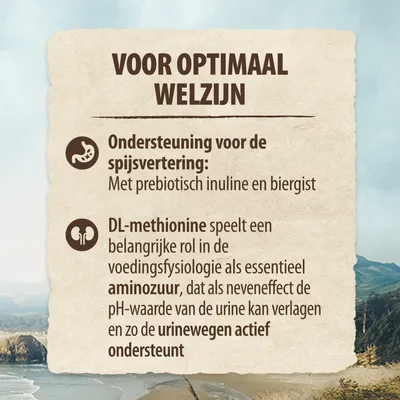 Voor optimaal welzijn: Ondersteuning voor de spijsvertering met prebiotisch inuline en biergist. DL-methionine ondersteunt urinewegen door verlaging pH-waarde van urine.