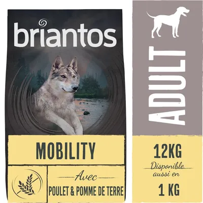 Briantos Mobility Adult, avec poulet & pomme de terre, 12 kg, disponible aussi en 1 kg. Texte visible : MOBILITY, ADULT.