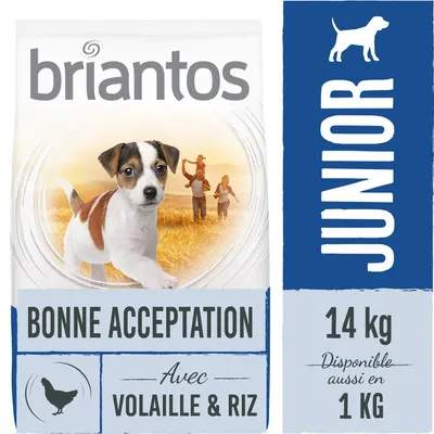 briantos JUNIOR, BONNE ACCEPTATION, avec volaille & riz, sac de 14 kg, disponible aussi en 1 kg, visuel d’un chien et pictogramme poule