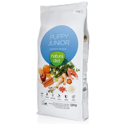 Natura Diet Puppy Junior, 12 kg. GMO-vapaa, luonnolliset ainesosat kuten lohi, porkkana, riisi ja parsakaali. Sopii pennuille enintään 12 kk.
