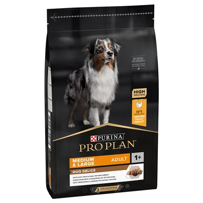 Sac hrană pentru câini Purina Pro Plan Medium & Large Adult Duo Delice, High Protein, No1 ingredient chicken, fără coloranți adăugați, pentru câini adulți 1+ ani, imagine cu un câine pe ambalaj.