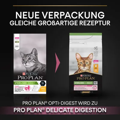 Neue Verpackung, gleiche grossartige Rezeptur. Pro Plan Opti-Digest wird zu Pro Plan Delicate Digestion für sterilisierte Katzen ab 1 Jahr.