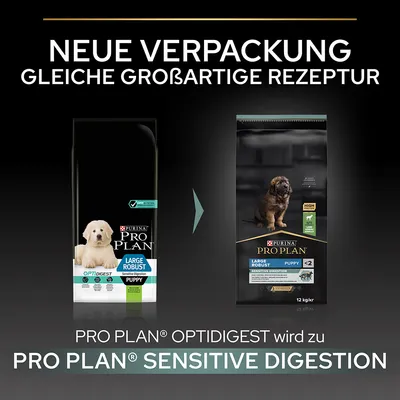 Neue Verpackung, gleiche grossartige Rezeptur. PRO PLAN Optidigest wird zu PRO PLAN Sensitive Digestion für Large Robust Puppy, 12kg.