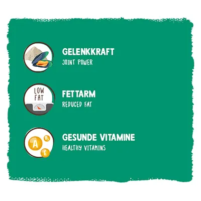 Gelenkkraft, fettarm, gesunde Vitamine. Englische Übersetzungen: joint power, reduced fat, healthy vitamins.