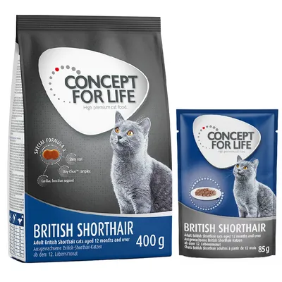 Concept for Life British Shorthair Katzenfutter, 400 g Trockenfutter und 85 g Nassfutter für ausgewachsene British-Shorthair-Katzen ab dem 12. Lebensmonat.