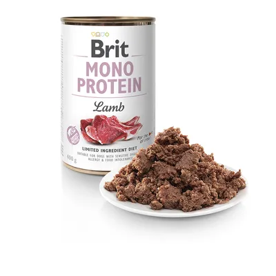 Brit Mono Protein Lamb, wet food for dogs with sensitive digestion, limited ingredients, 400g can and served food on plate.