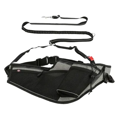 Schwarzer und grauer Bauchgurt mit Netztaschen, verstellbarem Gurtband und elastischer Hundeleine mit Karabinerhaken.