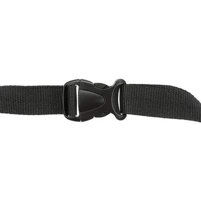 Black nylon strap with plastic buckle, suitable for secure fastening or closure.