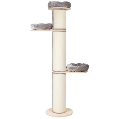 Ansamblu pentru pisici cu stâlp înalt acoperit cu sisal, trei platforme circulare din lemn, fiecare cu pat rotund moale gri.