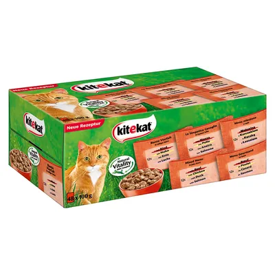 Confezione Kitekat Natural Vitality 48 x 100 g, vari gusti: manzo, pollo, anatra, salmone. Immagine di un gatto e ciotola con bocconcini visibili sulla scatola.