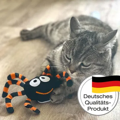 Katze spielt mit einem schwarz-orangefarbenen Stoffspielzeug in Spinnenform. Siegel: Deutsches Qualitäts-Produkt mit Deutschlandflagge.