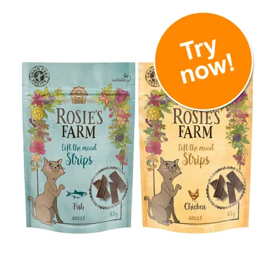 Rosie's Farm Lift the Mood Strips, grain free recipe, available in fish and chicken flavours for adults, 45g packs. Orange badge reads: Try now!