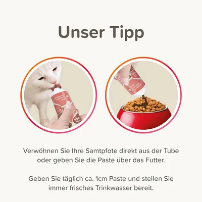 Unser Tipp: Geben Sie die Paste direkt aus der Tube oder über das Futter. Täglich ca. 1cm Paste und immer frisches Trinkwasser bereitstellen.