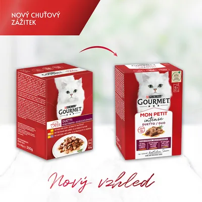 Porovnání starého a nového obalu Purina Gourmet Mon Petit Intense Duetto pro kočky, 6×50 g. Text: Nový chuťový zážitek, nový vzhled.