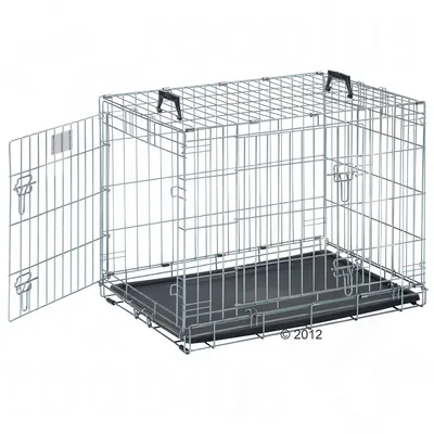 Metal wire pet crate with open front door, removable plastic tray at the base and two carrying handles on top, shown empty for product display.