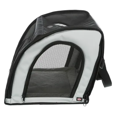 Transport bag with mesh window, grey and black design, brand Trixie. Visible zips and carrying strap.