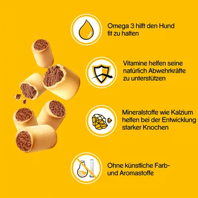Omega 3 hilft den Hund fit zu halten, Vitamine helfen seine natürlich Abwehrkräfte zu unterstützen, Mineralstoffe wie Kalzium helfen bei der Entwicklung starker Knochen, Ohne künstliche Farb- und Aromastoffe (tysk text).