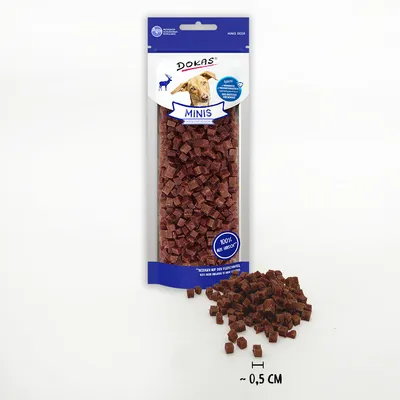 Dokas Minis aus Hirsch, 100% Hirschfleisch, getreidefrei. Würfelgrösse ca. 0,5 cm. Geeignet als Snack für zwischendurch oder Belohnung.