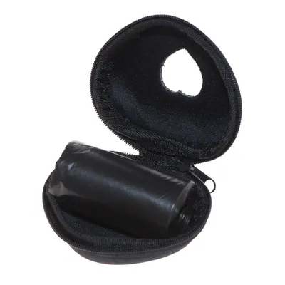Black bag with zip, contains a roll of black dog waste bags. Opening for easy removal of bags visible.