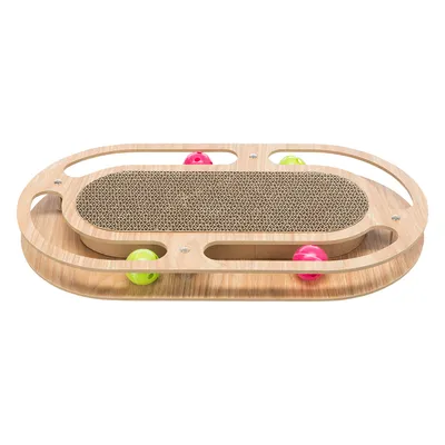 Giocattolo in legno di forma ovale, superficie tiragraffi in cartone al centro e palline colorate nei binari laterali.