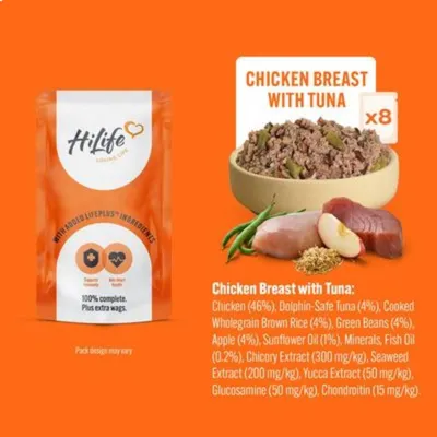 Chicken breast with tuna food, pack and bowl shown. Key ingredients: chicken, dolphin-safe tuna, brown rice, green beans, apple, sunflower oil, minerals, fish oil, chicory, seaweed, yucca.