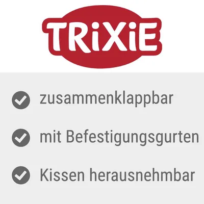 Trixie. Zusammenklappbar, mit Befestigungsgurten, Kissen herausnehmbar.
