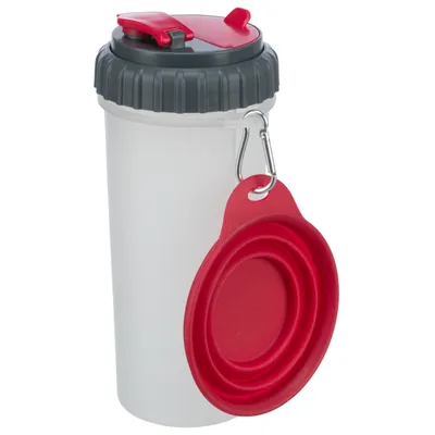 White food container with grey lid and red foldable silicone bowl, attached with a metal carabiner.