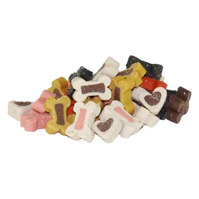 Bunte Hundeknochen-Leckerlis in verschiedenen Farben und Formen, darunter weiss, gelb, rosa, braun und schwarz.