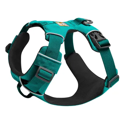 Pettorina per cani in tessuto verde con imbottitura nera, fibbie regolabili e anello metallico per guinzaglio. Etichetta visibile con logo Ruffwear.