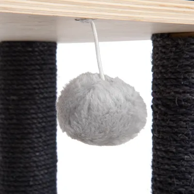 Grey plush ball on a string, attached under a wooden board between two black sisal posts.