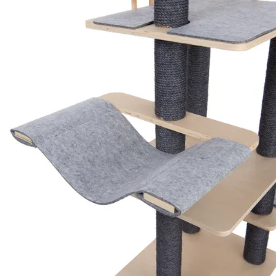 Cat tree made of wood with grey felt cover and sisal-wrapped posts, multiple levels and curved lying surface.