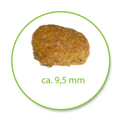 Bucată de hrană uscată, dimensiune aproximativ 9,5 mm, prezentată pe fundal alb cu text „ca. 9,5 mm” sub imagine.