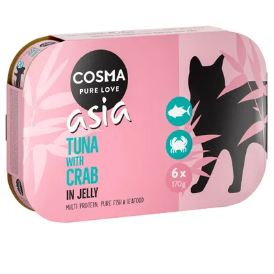 Cosma Pure Love Asia Tuna with Crab in Jelly, 6 x 170 g. Multi protein. Pure fish & seafood. Vaaleanpunainen pakkaus, musta kissasiluetti.