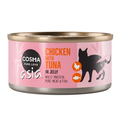 Cosma Asia Pure Love. Chicken with Tuna in Jelly. Multi Protein, reines Fleisch und Fisch. Abbildung einer Katze mit Icons für Huhn und Fisch.