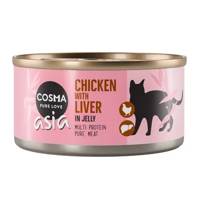 COSMA Pure Love asia Chicken with Liver in Jelly -moniproteiinikissanruoka. Purkissa musta kissasiluetti ja kananmuna- sekä maksaikonit. Vaaleanpunainen tausta.