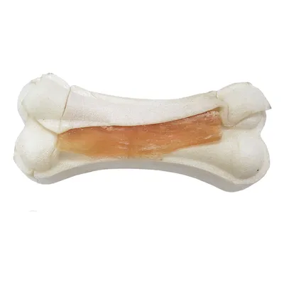 Bijela žvakalica u obliku kosti s vidljivim smeđim punjenjem u sredini, bez oznaka brenda ili teksta.