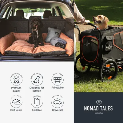 Cama para perro en maletero de coche, carrito para perro Nomad Tales y texto visible: Premium quality, Designed for comfort, Adjustable, Soft touch, Foldable, Universal. Marca: NOMAD TALES München.