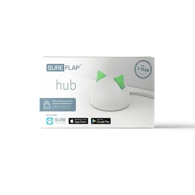 SureFlap Hub, compatible with Connect symbol products. App available at Sure Petcare, App Store and Google Play. 3-year warranty.