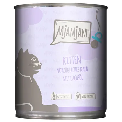MjAMjAM влажный корм для котят: телятина с лососевым маслом, без зерна, много мяса. На упаковке изображены кошка и символ соски.